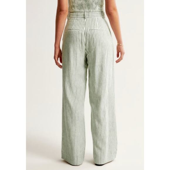 Women's Abercrombie & Fitch Sloane Linen Blend Wide Leg Trouser in Green Stripe - Picture 2 of 6